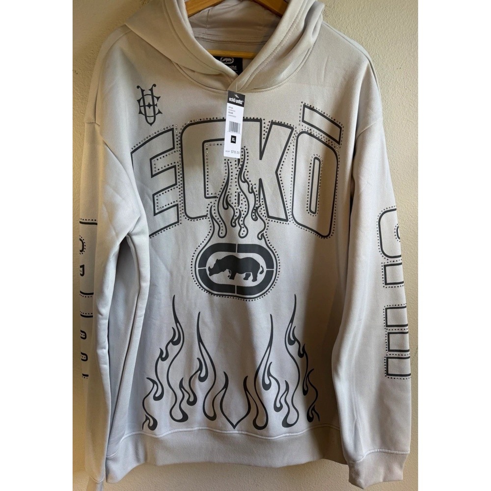 NWT Ecko Unltd. Gray Pullover Hoodie Graphic Rhinoceros Studded Logo Men's XL